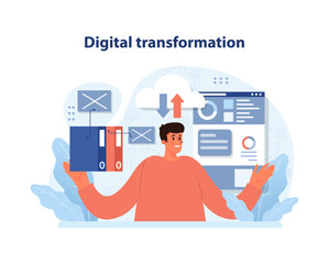 Digital Business transformation. A visionary leader orchestrates the shift to digital platforms, enhancing connectivity and data management. Flat vector illustration.