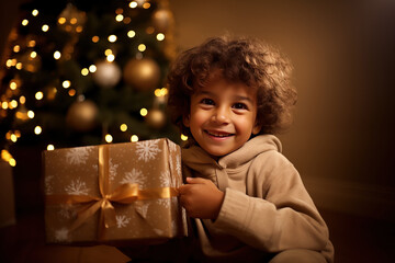 Christmas Xmas gifts presents Middle-Eastern Boy celebrating in a warm cosy room with fir tree, decorations, lights, baubles, holiday season, joy, happy, smiling and excited for wrapped wholesome