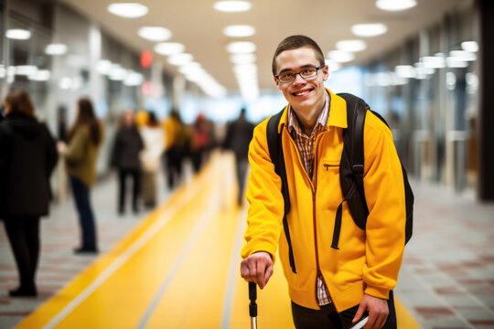 Portrait of the disabled man with cerebral palsy is walking with the help of cane along in a railway station. Concept accessibility environment in public spaces. Inclusive infrastructure
