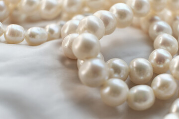 A string of pearls gracefully rests on a white backdrop, blurring softly at the edges. The image is...