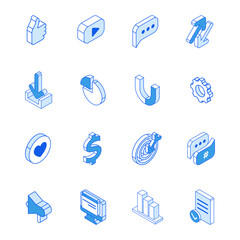 Isometric business icons in outline. Modern flat vector Illustration. Social media marketing icons.