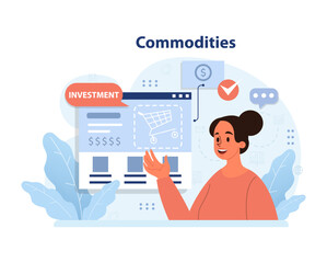 Woman analyzes investment opportunities in commodities. Delving into market trends, ensuring diverse asset allocation. Flat vector illustration.
