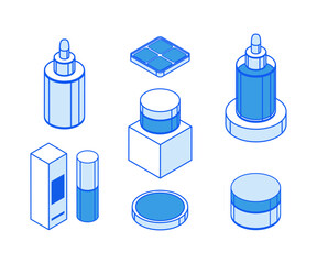 Isometric icons in outline. Modern flat vector Illustration. Low poly round bottle with dropper, narrow beauty product boxes, cream jars symbols.