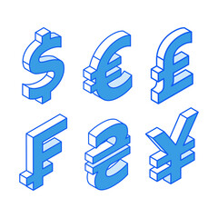 Isometric icons in outline. Modern flat vector Illustration. Dollar, Euro, Great Britain pound, Frank,Ukrainian Hryvnia, Japanese Yen currencies symbol. Social media marketing icons.