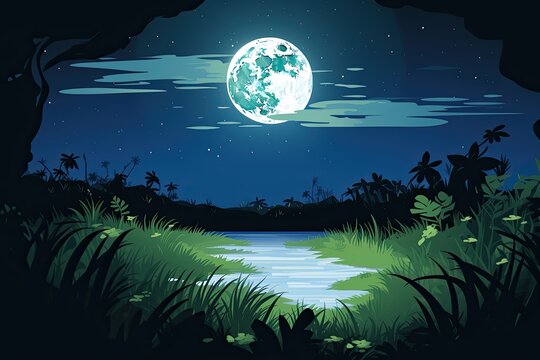 Retro landscape art style depicting a serene full moon night, blending nostalgic elements with a touch of fantasy