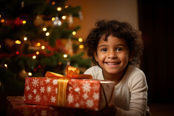 Fototapeta na wymiar Christmas Xmas gifts presents asian indian boy celebrating in a warm cosy room with fir tree, decorations, lights, baubles, holiday season, joy, happy, smiling and excited for wrapped wholesome