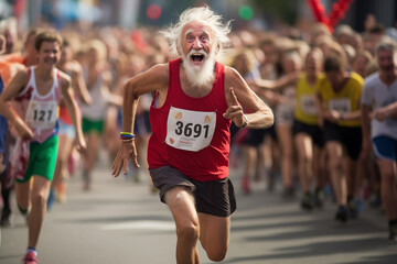 Fototapeta premium Joyful old man - athlete runs a marathon.