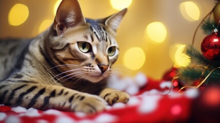 Beautiful and adorable Egyptian Mau cat lying on blanket near by blurred Christmas tree on the cozy indoor background. New year festive picture. Greeting placard template.