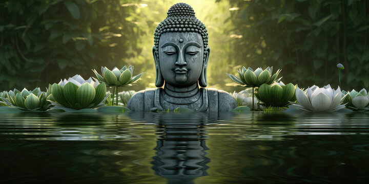buddha face in zen garden with water