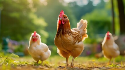 Fototapeta premium Funny hen looking at the camera on farm yard outdoor background.