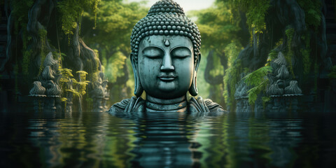 buddha face in zen garden with water