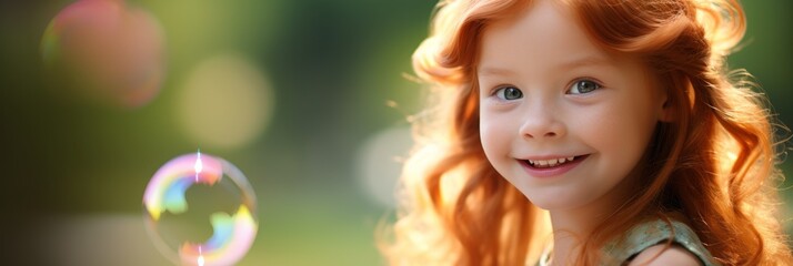 Portrait of funny little ginger girl blowing soap bubbles. Wide panoramic banner with summer outdoor background.