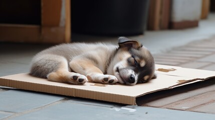 Sad and hungry homeless puppy lying on piece of cardboard box and dreaming about adoption and new home.