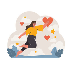 Joyful woman soaring among clouds, holding a heart symbol. Representation of love, happiness, and freedom. Floating amidst stars, expressing unbounded elation. Flat vector illustration