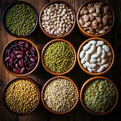Fototapeta premium different varieties of beans and seeds in bowls on a wooden table