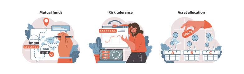 Investment insights set. Dive into mutual funds, gauge your risk tolerance, and optimize asset allocation. Informed decisions for financial growth. Flat vector illustration