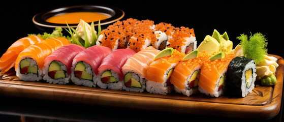An exquisite display of beautifully arranged sushi pieces featuring a variety of flavors and ingredients.