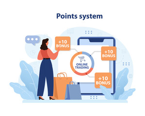 Points system concept. Woman interacts with online trading platform, earning bonus points for shopping. Engaging in rewards, digital savings, and retail benefits. Flat vector illustration. - obrazy, fototapety, plakaty