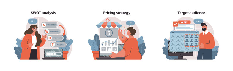 Business strategy set. Professionals evaluate SWOT, calculate pricing tactics, and analyze target demographics. Market penetration insights. Flat vector illustration
