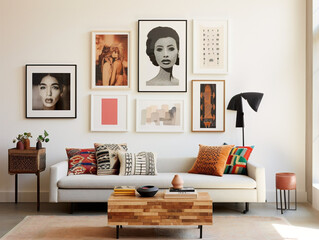 An imaginative and diverse arrangement of artwork displayed on a vibrant and expressive gallery wall.