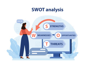 Professional woman guiding a SWOT analysis. Evaluating strengths, weaknesses, opportunities, and threats for market penetration. Business assessment tool. Flat vector illustration