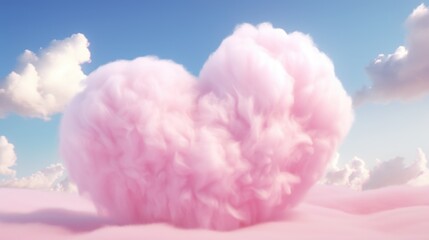 Fluffy Heart Cloud background. Valentine’s Day, Love Concept. Realistic beautiful heart shaped sky clouds illustration for postcard, banner, leaflet, poster, brochure, greeting invitation card..