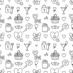 Valentines Day doodle style seamless pattern in black and white, hand-drawn love theme icons background. Romantic mood, cute symbols and elements collection.
