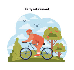 Joyful senior on a bicycle enjoys the scenic beauty of nature, embodying the leisure and freedom of early retirement. Biking adventures await. Flat vector illustration.