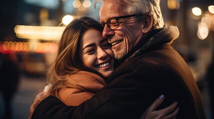 Fototapeta premium Old senior couple in love hug and embrace with romance together close-up portrait background. Hug Day, St Valentines concept. Happy mature man and woman hugging together. Elderly people in love..