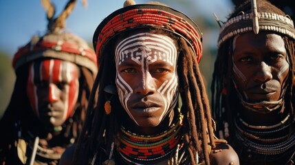Traditional facial makeup of African tribesmen - obrazy, fototapety, plakaty