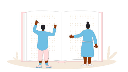 Braille literacy. Blind man and woman with huge book.