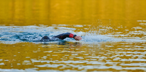 Triathlon athlete swimming on lake in sunrise wearing wetsuit