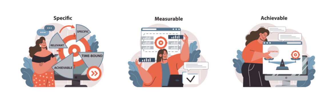 SMART Goals set. Women showcase criteria on devices: Specific with a pie chart, Measurable with analytics, Achievable with potential targets. Goal setting, success strategy. Flat vector illustration