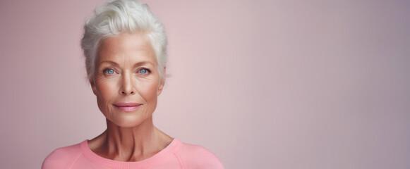 A gracefully aging woman with a subtle smile gazes confidently into the camera