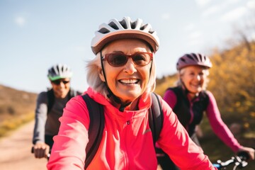 a group of seniors finds joy in cycling on a splendid spring afternoon - obrazy, fototapety, plakaty
