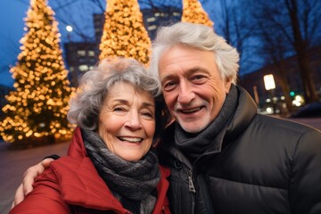 Against the cityscape adorned with a New Year tree, two happy European pensioners snap a selfie, celebrating the festive spirit