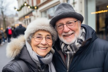 Two European retirees document their joyful holiday moment with a selfie, framed by the festive allure of a New Year tree in the city - obrazy, fototapety, plakaty