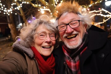 Against the backdrop of a festively adorned city, two delighted European pensioners capture the magic of the season in a cheerful New Year tree selfie