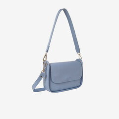 Beautiful and trendy youthful women's handbag in blue on a white studio background.