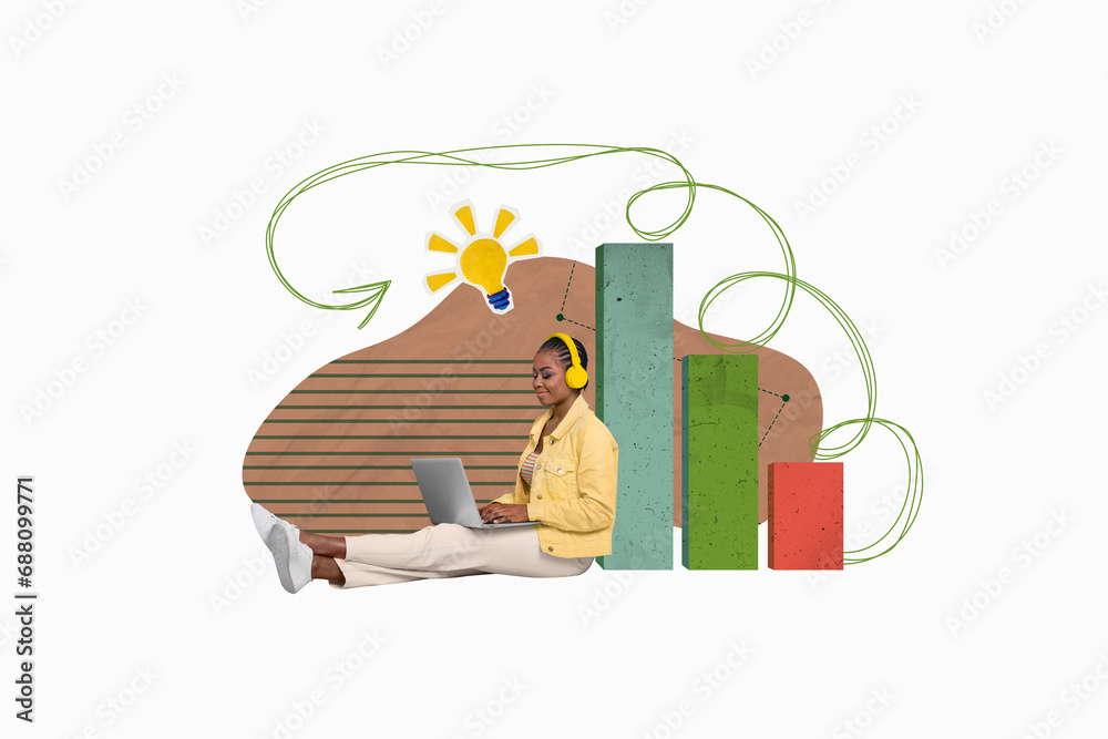 Poster composite collage of young girl business data analytic has idea how optimize managing finances in co