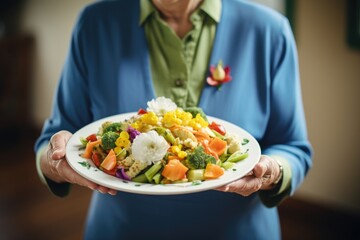 With a plate filled with a medley of vegetables, an elderly lady highlights the joy of incorporating diverse and colorful produce into meals - obrazy, fototapety, plakaty