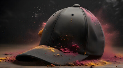 Baseball black cap and explosion of colorful dust in dark background - obrazy, fototapety, plakaty