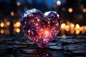 A pink big diamond heart shining standing on a wet pavement. Bokeh lights on a dark base in the...