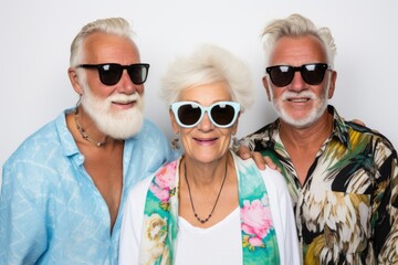 A diverse group of cheerful European seniors, clad in summer clothes and sunglasses, stands against a pristine white background, embodying the spirit of joy and shared contentment
