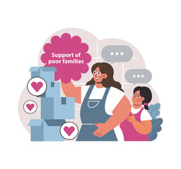 Family support initiative. Mother and child alongside stacked boxes, indicating donations. Support of poor families message radiates compassion. Generosity for those in need. Flat vector illustration