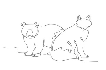 A wolf and a bear are sitting. World Wildlife Day one-line drawing