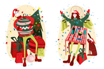 Vector New Year's illustration with a girl or a guy in a warm sweater and a New Year's hat with gifts and with gift bags