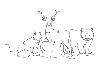A deer, a wolf, and a bear. World Wildlife Day one-line drawing