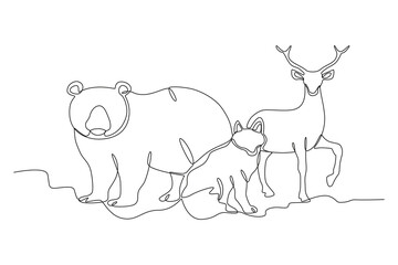 Illustration of three animals. World Wildlife Day one-line drawing