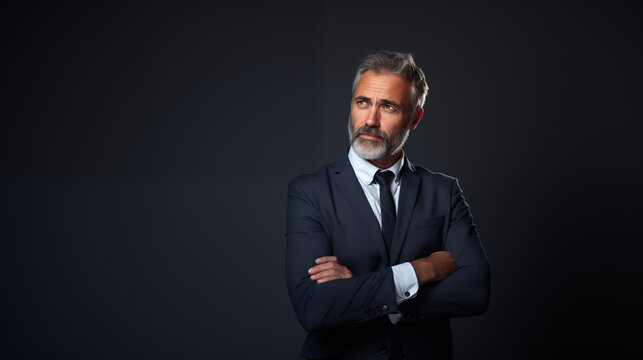 confident handsome middle-aged businessman wearing a suit on a plain dark background